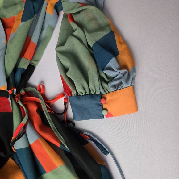 EUC ANTHROPOLOGIE Geo Wrap Maxi Dress Blue Motif Size 1X - Picture 6 of 13